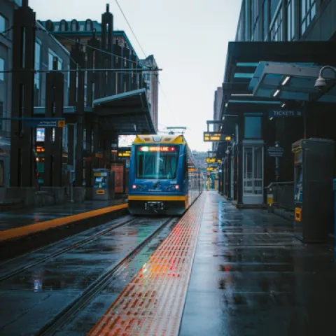 Blue Tram on Road Minneapolis, MN, United States- photo by Josh